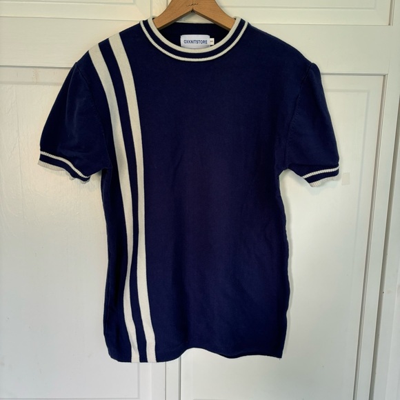 OXKNITTSTORE Navy Blue Knit Strip Retro Vintage Style Schoolboy Shirt S - Picture 1 of 5